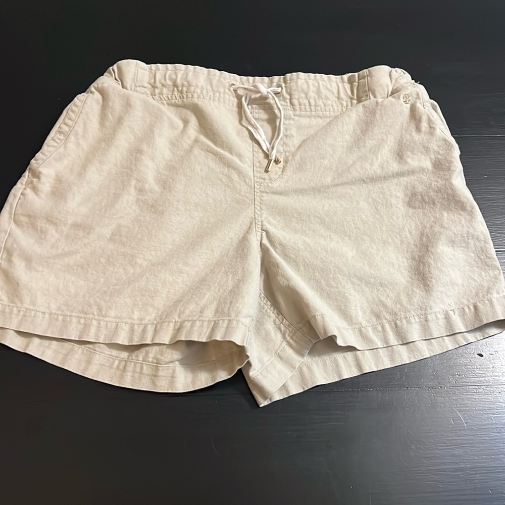Izod Womens‎ XL Linen Blend Elastic Waist Drawstring Shorts Beige Khaki